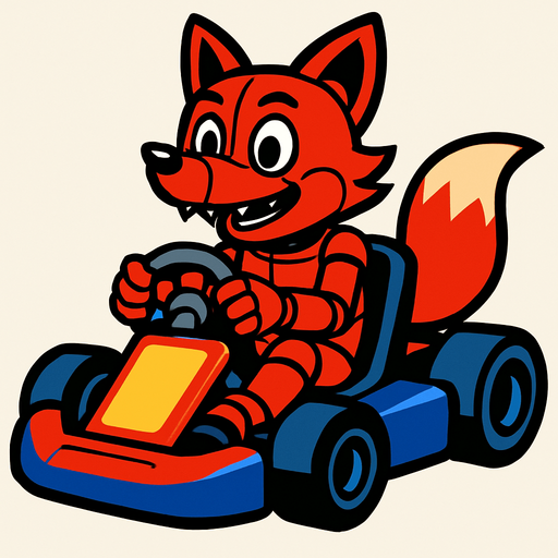 Un zorro rojo animatronico en un kart.
In-Game asset.  2d.  High contrast.  No shadows