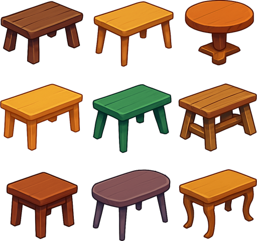 pack of different Tables images.
In-Game asset.  High contrast.  No shadows. 3D