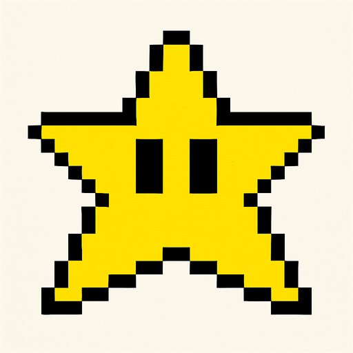 Yellow star with Black eyes style pixel art.
2d.  High contrast.  No shadows