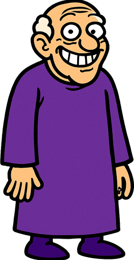 yaşlı, üzerinde mor bir cübbe olan, ve mal mal sırıtan bir adam. vücudu tamamen görünür.
In-Game asset.  2d.  High contrast.  No shadows