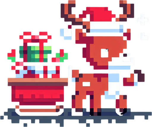 8 bit. raindeer bringing x-mas pressents. in game asset. Single Game Texture. In-Game asset. 2d. Blank background. High contrast. No shadows.