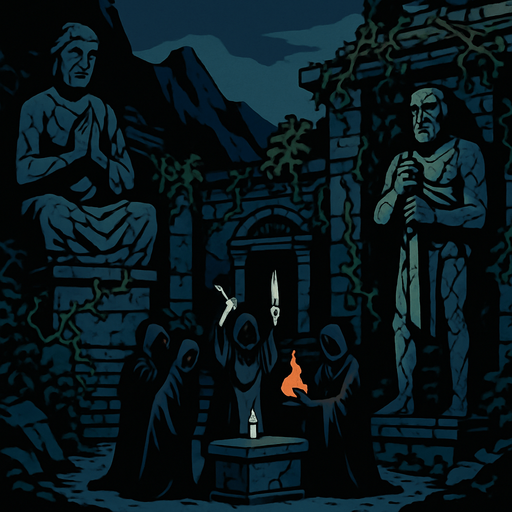 A forgotten mountain temple shrouded in shadow, stone statues with cracks, cloaked worshippers performing a dark ritual, vines crawling over walls, realistic.
In-Game asset.  2d.  High contrast.  No shadows