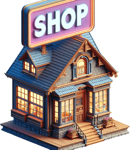 House from the front facing the screen with big sign above it have description "SHOP", Hd colors