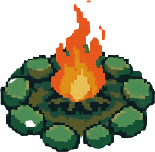 A post-apocalyptic green forest area with a campfire in the middle and stones around it,pixel art,less pixel,some bushes around.
In-Game asset.  2d.  High contrast.  No shadows. Pixel art
(View from above)