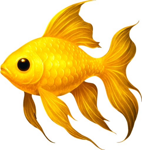 A conceptual design of a golden, yellow-colored fish with a unique, bioluminescent quality. Its body is a vibrant yellow-gold, and the scales appear to subtly glow, as if illuminated from within. Its fins are long and flowing, resembling flowing silk, giving the fish an ethereal quality. The fish's eyes are large and black, providing a stark contrast to its bright body. It's swimming in a dark, deep-blue water, creating a dramatic visual effect. The colors and the composition are rendered in a high-resolution image with a sharp focus, ensuring every detail of the fish's body and its bioluminescence is visible, creating a visually stunning and memorable artwork..
In-Game asset.  2d.  High contrast.  No shadows. fish