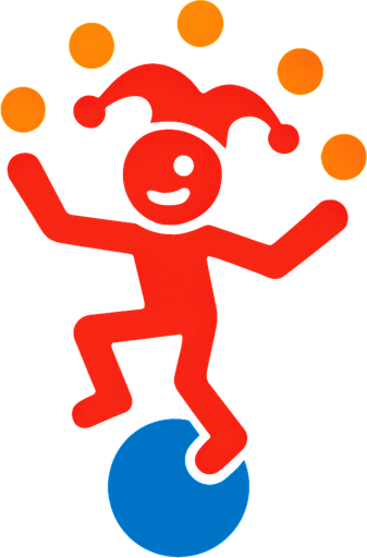 Red stickman that is a jester that is on a blue ball and is juggling.
In-Game asset.  2d.  High contrast.  No shadows