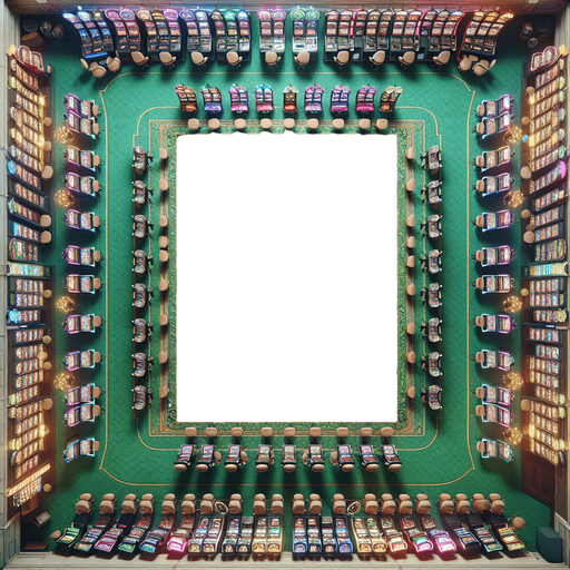 Typical cassino floor with green carpet and slot machines lined on the edges of the screen. It should fit the entirety of the screen. It is a topdown view. Single Game Texture. In-Game asset. 2d. Blank background. High contrast. No shadows.