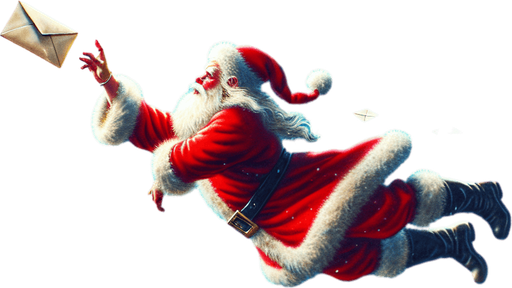 a pergament of santa catching a flying envelope in the sky. There is the text "Catch any flying envelopes in the sky. Otherwise the evil forces will become stronger."