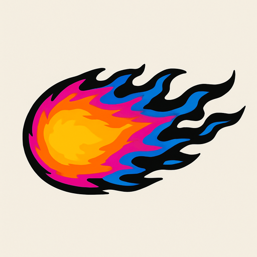 pink blue black and orange mixed horizontal fire ball.
In-Game asset.  2d.  High contrast.  No shadows