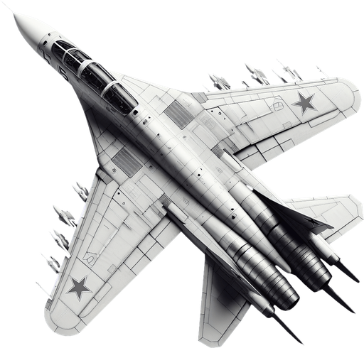 A Soviet fighter jet, facing down.
Single Game Texture.  In-Game asset.  2d.  Blank background.  High contrast.  No shadows