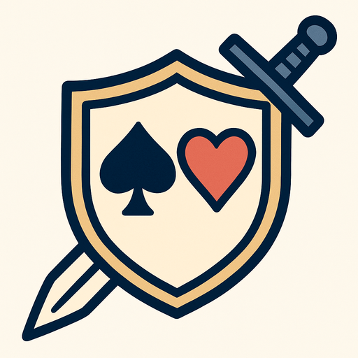 A shield with a spade and heart card suit coat of arms on it with a sword crossed downwards, behind it.  icon. Anime style..
In-Game asset.  2d.  High contrast.  No shadows