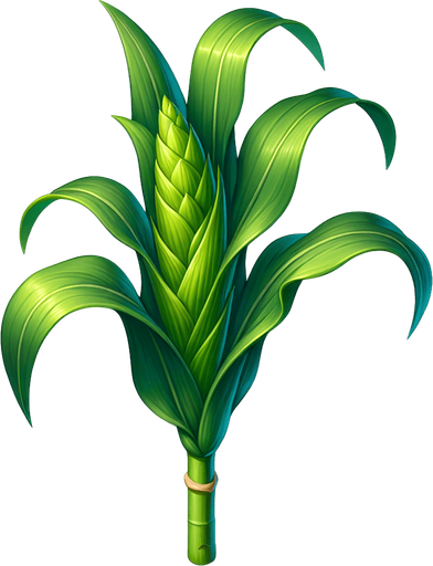 A young, unripe corn plant..
Single Game Texture. In-Game asset. 2d. Blank background. High contrast. No shadows.
