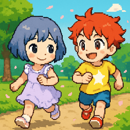 Yui y un niño anime, ambos de 5 o 6 años, corren por un parque soleado en una carrera infantil. Yui tiene el cabello corto, suave, azul grisáceo (HEX: #b0b9d8) y ojos negros. Lleva un vestido lavanda claro con volantes blancos y zapatillas blancas con detalles rosa pastel. Sonríe tímidamente con mejillas sonrojadas mientras corre con pasos pequeños.

El niño tiene cabello pelirrojo alborotado y ojos rojos intensos. Lleva una camiseta amarilla brillante con una estrella blanca, pantalones cortos azul claro y zapatillas rojas. Corre con energía, sonriendo ampliamente, mirando a Yui con entusiasmo.

La escena está en Pixel Art, con césped verde, árboles y pétalos flotando. Ambos se ven felices, reflejando un momento puro de infancia.