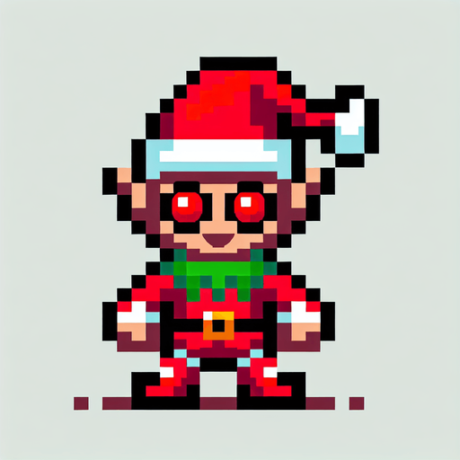 16 bit sprite of a red eyed christmas elf Single Game Texture. In-Game asset. 2d. Blank background. High contrast. No shadows.