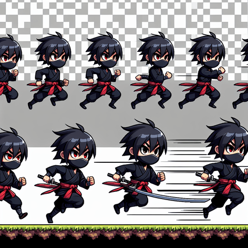 "Create a sprite sheet of a cartoon ninja running. The ninja should be wearing a black outfit with a red sash and a determined facial expression. The sprite sheet should include multiple frames to show the ninja in various stages of the running cycle, with alternating leg and arm positions. The background should be transparent.".
Style: Cartoon style, with clean lines and vibrant colors.
Character Design:
Outfit: Black ninja gi (traditional uniform) with a red sash tied around the waist.
Head: Black mask covering the lower face, revealing expressive eyes.
Hair: (Optional) If the ninja has hair, it should be flowing back in the wind as they run.
Weapon: The ninja should be carrying a weapon (sword or staff) in their hand. The weapon should also be animated to show movement as the ninja runs.
Running Animation:
Number of Frames: At least 4-6 frames for a smooth animation cycle.
Poses: Varying leg and arm positions to create a sense of movement and dynamism. Consider poses with one leg extended forward, the other back, and arms swinging in opposite directions.
Details: Pay attention to details like the flow of the clothing and the movement of the hair (if applicable) to enhance the realism of the animation.
Background: Transparent background for easy integration into the game.
Resolution: Specify a resolution that is appropriate for your game's scale and the desired level of detail (e.g., 128x128 pixels or 256x256 pixels per frame).
