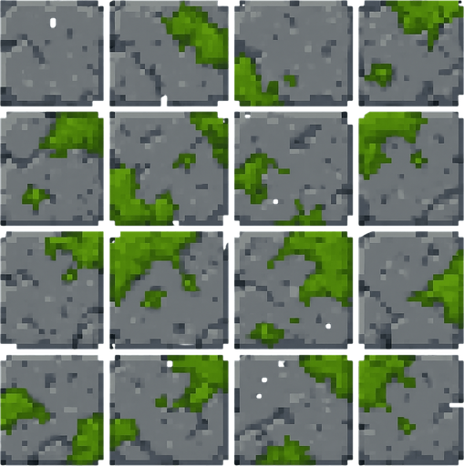 A tile of grey and mossy dungeon stone floor. Pixel art..
In-Game asset.  2d.  High contrast.  No shadows