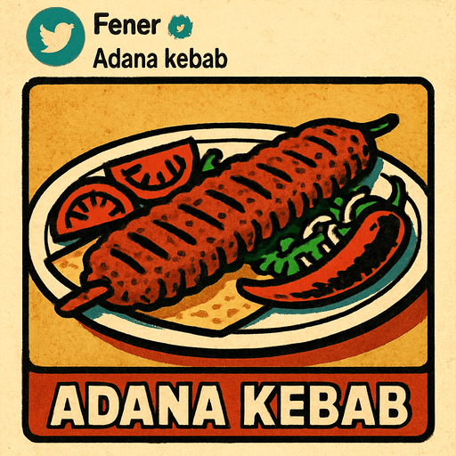 Fener adlı mavi tikli bir twitter sayfasının adana kebab paylaştığı bir görsel oluştur . retro temada olsun !.
In-Game asset.  2d.  High contrast.  No shadows