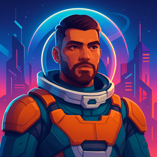 Front-facing icon, Fullscreen modern App Store art style with futuristic male colonist, 16:9, high definition.  No text captions!