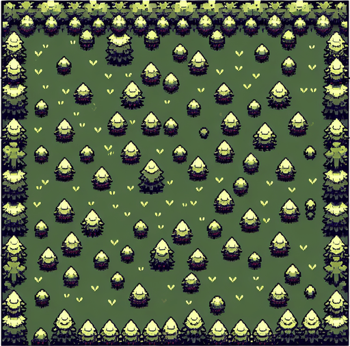 top down forest clearing with small bushes..
Single Game Texture. In-Game asset. 2d. Blank background. High contrast. No shadows.