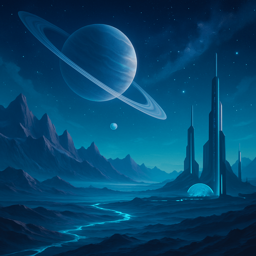 a futuristic space landscape. only one small planet visible in the sky.
No flying objects