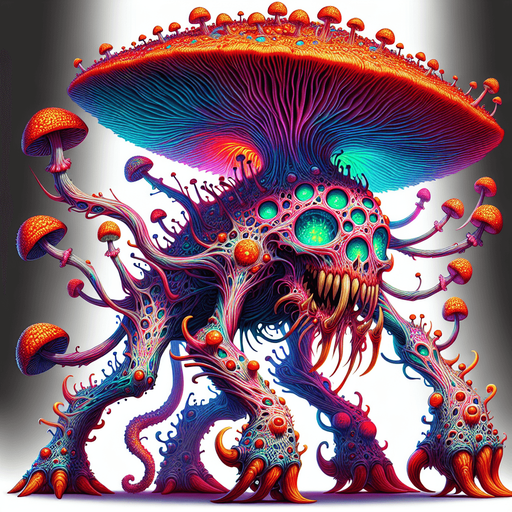 Emerging from the shadows of a twisted, nightmarish landscape, the Psychedelic Nightmare Mushroom Monster is a creature of both mesmerizing beauty and utter terror. Its grotesque form is a tangled amalgamation of flesh and fungi, with its body covered in pulsating, bioluminescent mushrooms that emit an eerie, shifting spectrum of psychedelic colors.

Its head is a nightmarish, oversized mushroom cap, with gnarled, root-like tendrils hanging down, twitching like sentient vines. Hollow, glowing eyes peer out from beneath the cap, radiating an unsettling, otherworldly light that pierces the darkness. A wide, malicious grin stretches across its face, revealing rows of jagged, yellowed teeth that seem to drip with toxic spores.

The creature's limbs are elongated and sinewy, ending in twisted, claw-like fingers that dig into the ground with each step. Its movements are erratic, a haunting dance of jerks and spasms, as if it is being controlled by some unseen force. As it prowls through the.
Single Game Texture. In-Game asset. 2d. Blank background. High contrast. No shadows.