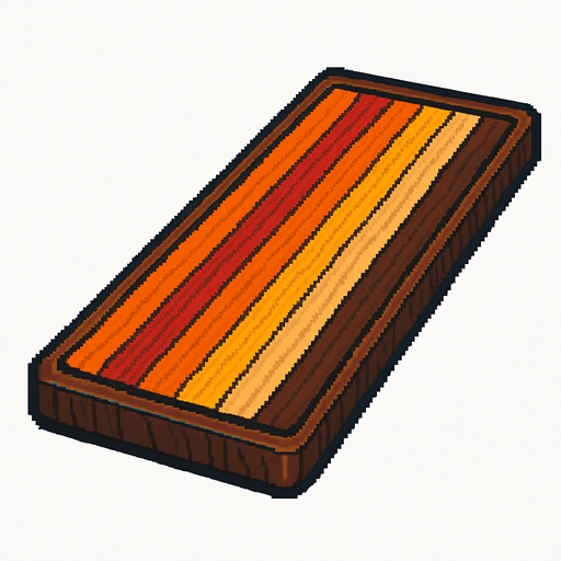 A long rectangular wooden cutting board counter with different colored laminated wooden strips. Top down view. 80s arcade machine graphics..
In-Game asset.  2d.  High contrast.  No shadows