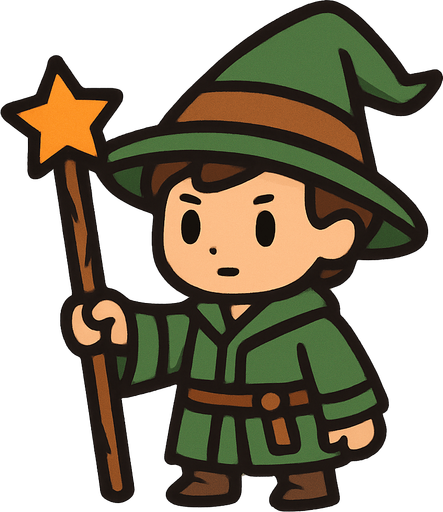 Mago principiante con sombrero verde y marrón.
In-Game asset.  2d.  High contrast.  No shadows