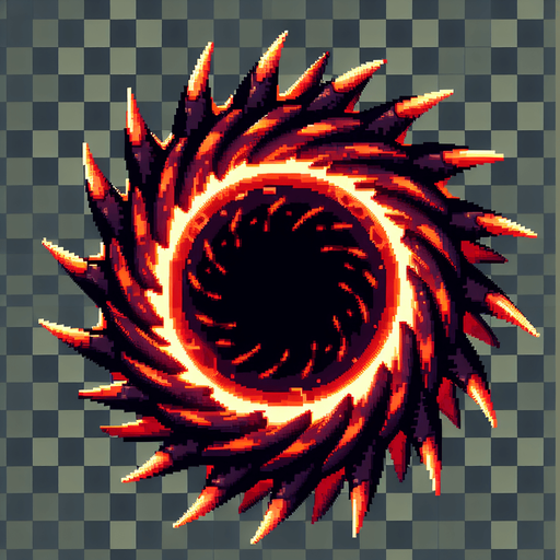 A single spiky rotating obstacle designed in pixel art style. Dark red color with glowing orange edges to create urgency. The obstacle is circular with sharp edges, slightly animated to spin or pulse. Made to look dangerous but simple, ideal for a fast-paced jump-and-dodge arcade game. Transparent background..
Single Game Texture.  In-Game asset.  2d.  Blank background.  High contrast.  No shadows