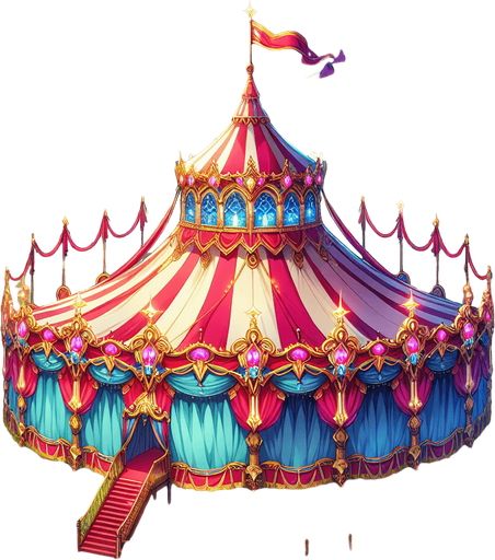 anime circus tent field.
Single Game Texture.  In-Game asset.  2d.  Blank background.  High contrast.  No shadows