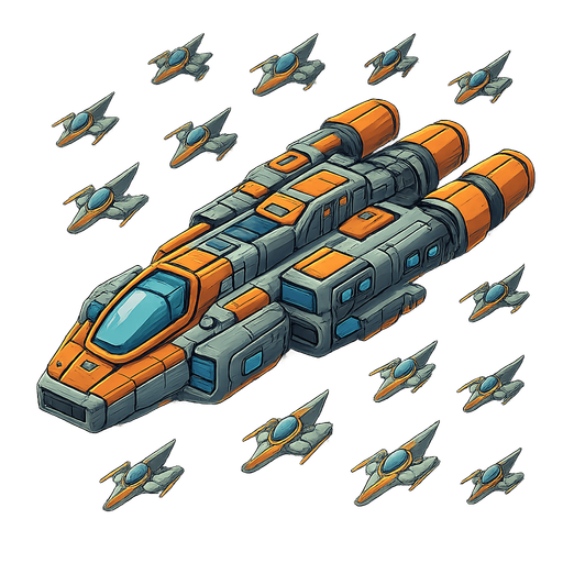 A spaceship with engines at the back and lots of mini spaceships next to the big one.
Single Game Texture.  In-Game asset.  2d.  Blank background.  High contrast.  No shadows