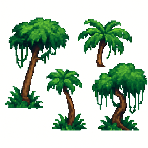Generame arboles pixelar, de jungla, en fondo balnco.
In-Game asset.  2d.  High contrast.  No shadows