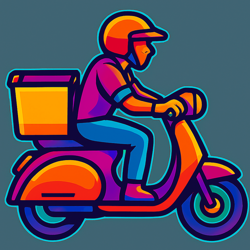 A moped courier riding a moped with a food carrying basket with the top open and no lid on the back of the moped. Top down view with the moped pointing fully sideways.
