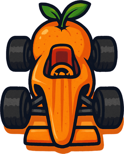 behind top-down little right angle orange fruit race car.
In-Game asset.  2d.  High contrast.  No shadows