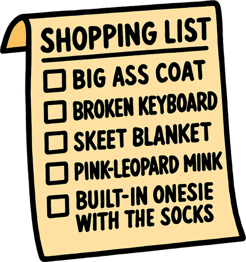 Shopping list that says Big ass coat, Broken keyboard, skeet blanket, pink leopard mink, built-in onesie with the socks.
In-Game asset.  2d.  High contrast.  No shadows