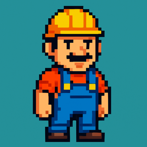 Hombre trabajador mirando a la cámara pixel art.
In-Game asset.  2d.  High contrast.  No shadows