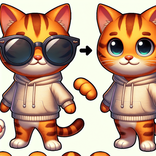 The character in the image, a cartoon-style orange tabby cat with striking stripes, momentarily shifts its relaxed posture. Its round face, partially obscured by oversized, round, dark opaque sunglasses, suddenly animates with a hint of movement. From its small, cute, and chubby body clad in a simple, light-colored hoodie, a soft 'meow' escapes, adding a layer of charm and liveliness to its demeanor. The cat's paws, previously resting comfortably in front, slightly adjust as if to communicate through this gentle sound. This playful and whimsical moment enriches the character's appeal, making it an even more endearing mascot or protagonist for a children's book, bridging the gap between the visual and the expressive..
Single Game Texture. In-Game asset. 2d. Blank background. High contrast. No shadows.