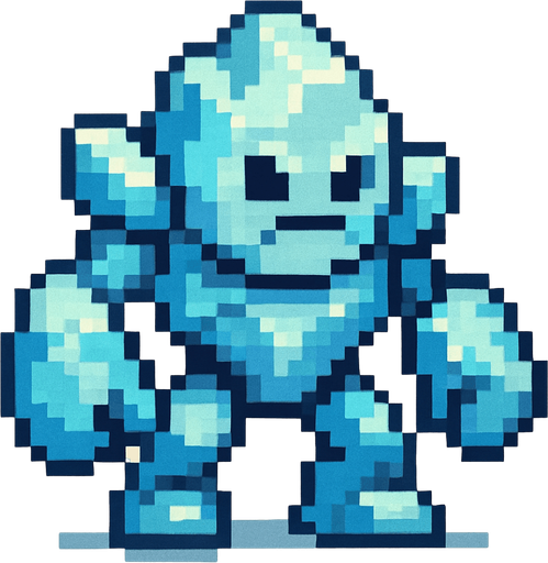 minik  buz golemi pixel art.
In-Game asset.  2d.  High contrast.  No shadows