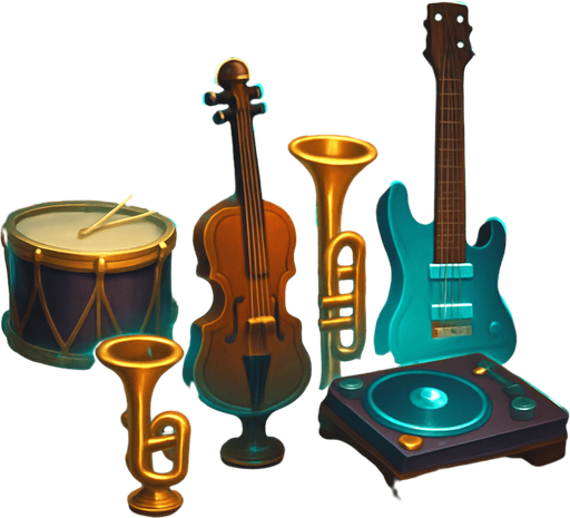 Design an icon for a button labeled "Towers" in a fantasy tower defense game set in a haunted concert hall. The icon should clearly represent access to a selection of instrument-based defense towers.

Use a stylized rack or display of musical instruments arranged like tower miniatures: a drum, violin, trumpet, electric guitar, and DJ deck. They should look magical and glowing slightly, as if floating or placed on a scroll or magical stand.

The icon should be square (256×256 px), clean and readable at small sizes.
Background should be subtle—wood, velvet, or magical mist—but not distracting.
The icon must not include text, only imagery.
Style: digital painted or semi-flat fantasy UI, fitting with a classical, magical orchestral theme..
In-Game asset.  2d.  High contrast.  No shadows