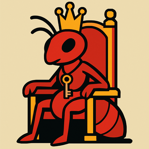 kafasında taç olan ve boynunda anahtar olan tahtında oturan kraliçe karınca.
In-Game asset.  2d.  High contrast.  No shadows