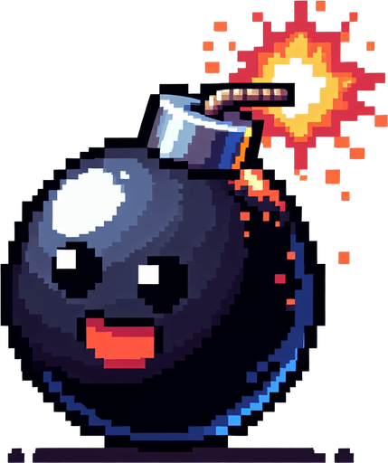 a cartoon bomb. bright. shiny. pixel art. no text. front view. already lit..
Single Game Texture. In-Game asset. 2d. Blank background. High contrast. No shadows.