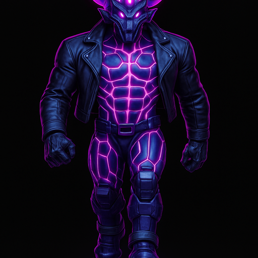 Black leather biker jacket longsleeves bare segmented neon cyberpunk pecs abs muscles robot monster hunk Neon cyberpunk 3d hologram corporate occult demon android mecha robot sentinel guard soldier machine monster fully in frame no part cut off no background anime futuristic Background removed, "Full-body character, entirely in frame, no cropping of face, head, or feet" "Complete character visible, from head to toe, fully centered in the image" "Entire character, including face and boots, fully within the frame" Character fully contained within a square frame, no edges cut off  horns through boots Walking animation