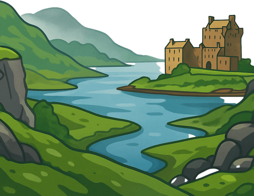 A 2D cartoon-style background inspired by the scenic landscapes of Scotland. Include lush green hills, rocky cliffs, a winding river or loch, and a historic Scottish castle in the distance (like Eilean Donan). Add some rolling mist or cloudy skies for atmosphere. Style should be colorful, clean, and game-friendly — flat illustration or soft-shaded vector. Ideal for a music game featuring bagpipes. Export as a wide landscape (1920x1080) with transparent or fixed background, no text or UI..
In-Game asset.  2d.  High contrast.  No shadows