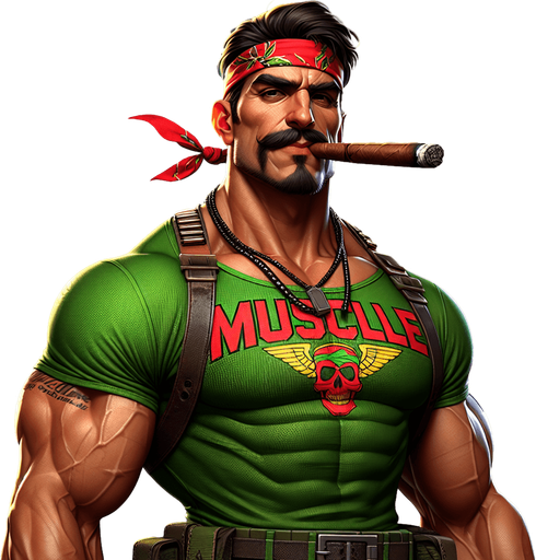 Badass marine with a green muscle T-shirt and a red bandana and a big cigar hanging from his mouth.
Single Game Texture. In-Game asset. 2d. Blank background. High contrast. No shadows.