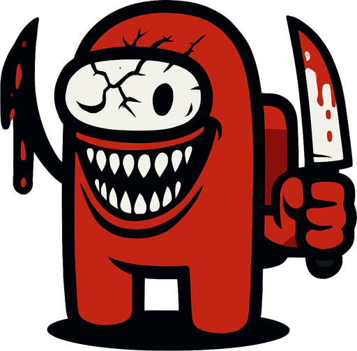 The red color in the game Among us creates the character in an extremely scary way, the glass of the astronaut suit is broken, his eyes are white, his mouth is so long that it touches his ears when he smiles, and he has a bloody knife in his hand..
In-Game asset.  2d.  High contrast.  No shadows