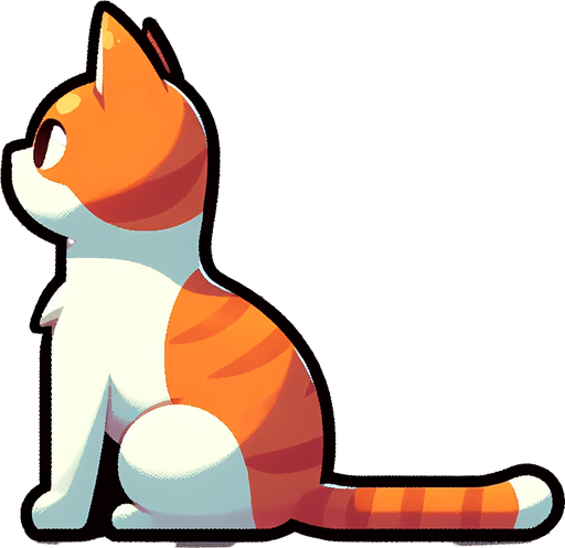 an orange and white cat facing away from the camera. the cat is sitting straight up and looking up, ready to pounce.
Single Game Texture.  In-Game asset.  2d.  Blank background.  High contrast.  No shadows