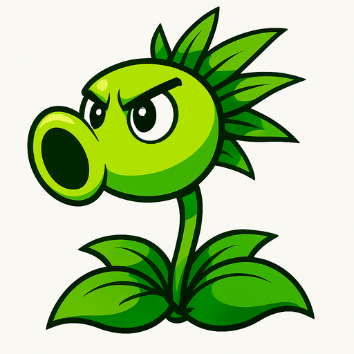 Una planta de color verde brillante, con un cuerpo principal esférico que se estrecha hacia adelante para formar una boca grande y redonda. De la parte posterior de su cabeza, brotan varias hojas puntiagudas. Tiene dos ojos grandes y redondos, con pupilas negras, y su expresión es decidida. Su tallo es delgado y verde, anclado en un grupo de hojas más grandes en la base..
In-Game asset.  High contrast.  No shadows