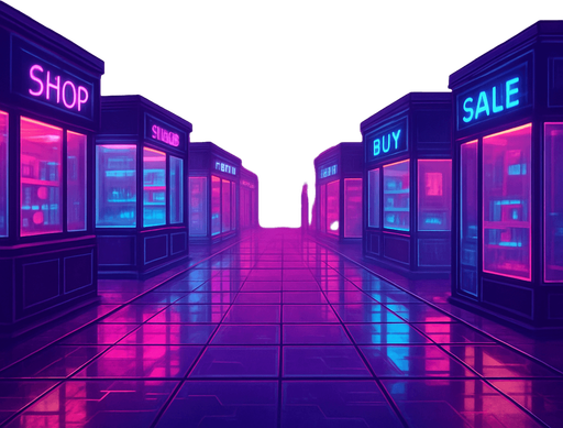 Produce a cyber-market plaza at dawn under diffuse magenta light. Glass kiosks line the area, each casting neon reflections on wet stone tiles. A floating banner above reads ‘Visit otter.trading’ in bold luminous text. Include subtle drifting circuit-patterned mist—coin- and character-free..
In-Game asset.  2d.  High contrast.  No shadows