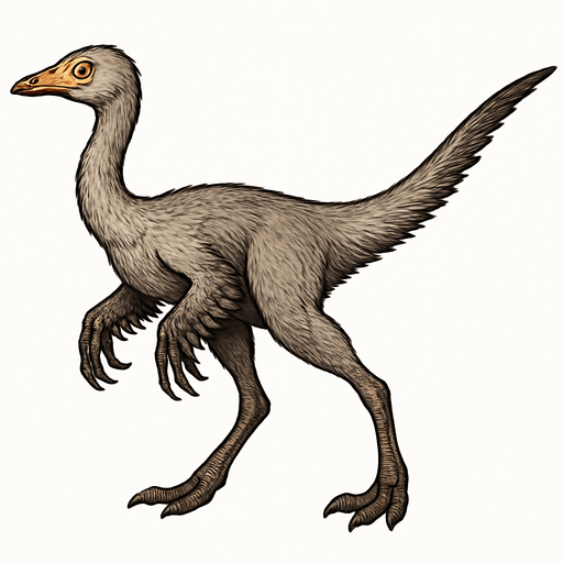 A slender Ornithomimus dinosaur covered with fine, light gray and brown feathers. It has longer, quill-like feathers on its arms and tail, and softer downy feathers on its body. The head is small and narrow with large, bright eyes and a beak-like mouth. Its long legs are built for speed, ending in sharp claws. The feathers have a natural texture, giving the dinosaur a bird-like, agile appearance..
In-Game asset.  2d.  High contrast.  No shadows