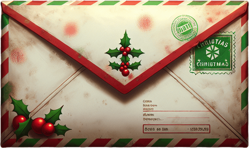 a simple eerie christmas blank dirty letter envelope. Use christmas colors.
Single Game Texture. In-Game asset. 2d. Blank background. High contrast. No shadows. No text.