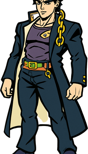 Jotaro con  cuerpo y que se vea su cabeza jojo's.
In-Game asset.  2d.  High contrast.  No shadows